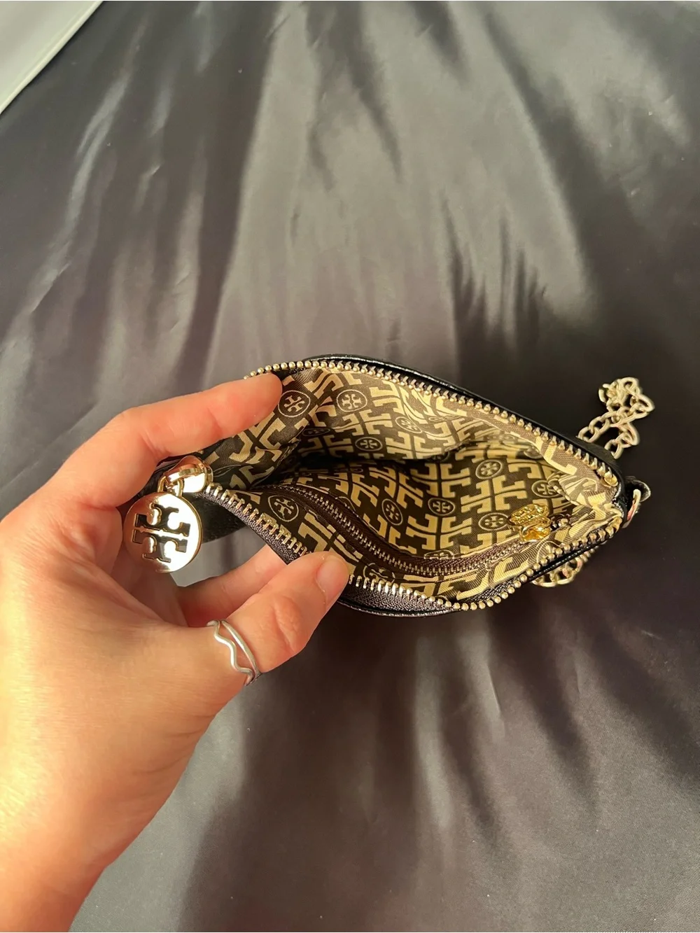 Tory Burch Black Pebble Leather Wristlet with Gold Hardware and Chain 7” Long